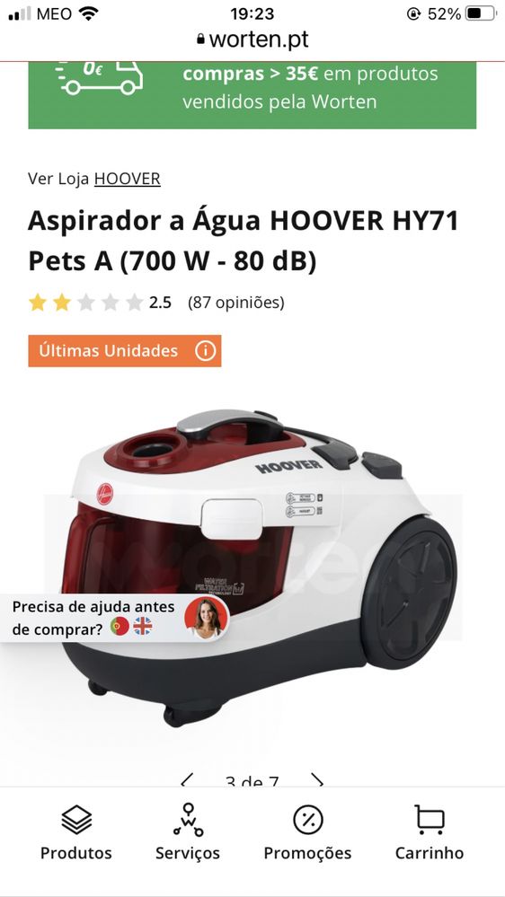 Aspirador Hoover a agua HY71 Pets A