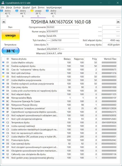Dysk twardy 2,5" HDD 160GB Toshiba