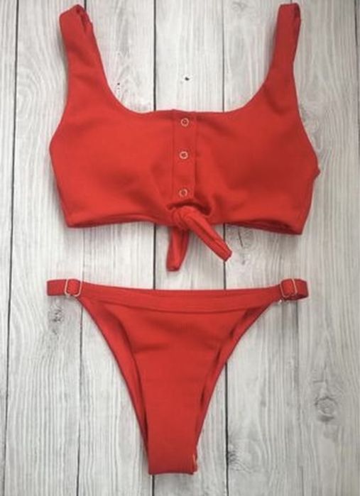 Роздільний купальник в рубчик з топом на кнопках