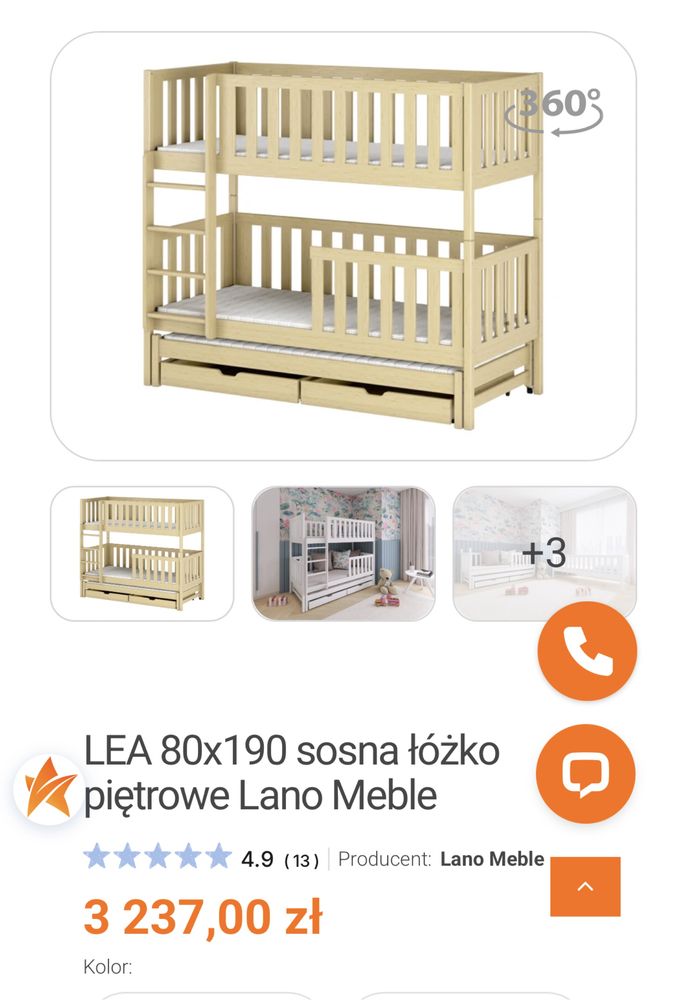 Łóżko Piętrowe sosnowe 2-3 osobowe