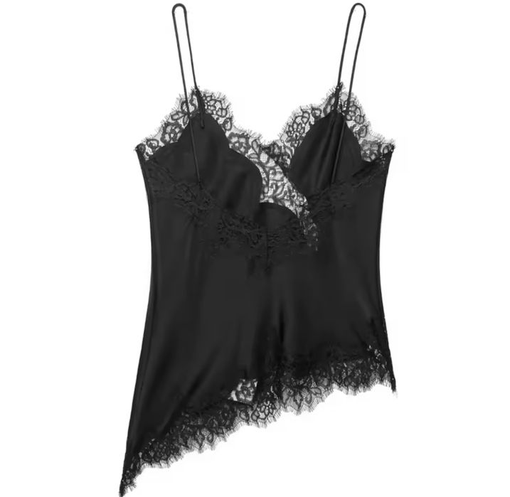 Топ чорний атласний асиметричний zara мереживний в білизняному стилі