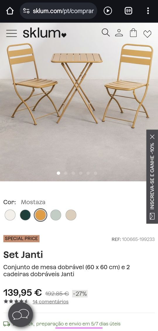 Conjunto de mesa dobrável mostarda para varanda Sklum