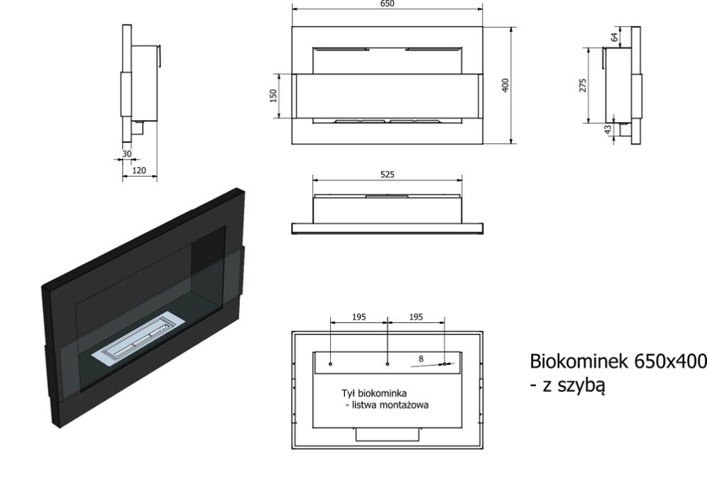 BIOKOMINEK TUV 650x400 czarny + SZYBA + biopaliwo