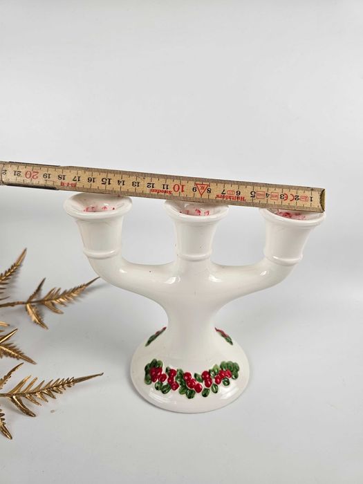 Ceramiczny świecznik vintage z czerwonym motywem