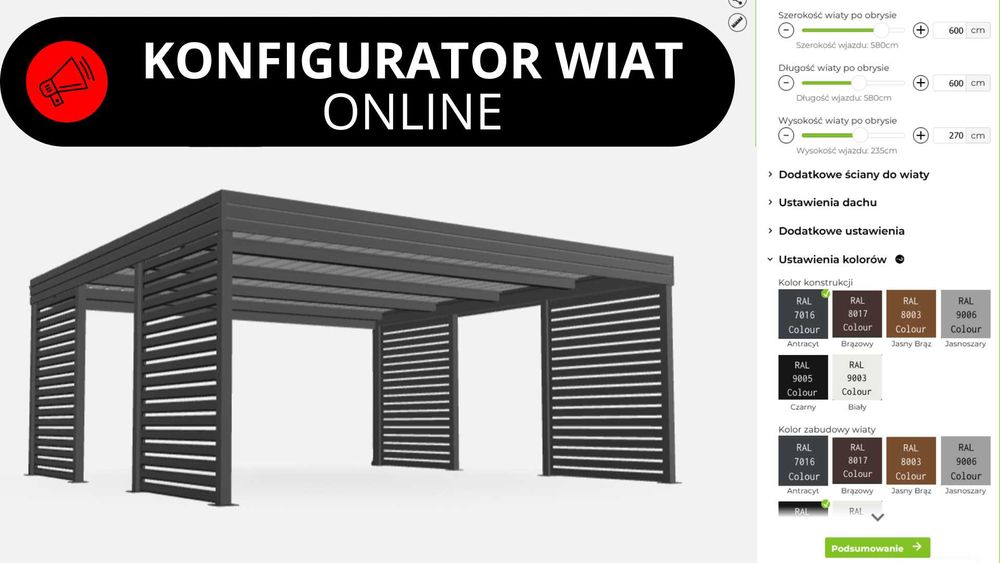 Wiata 5x7m z pomieszczeniem z tyłu PIR – żaluzja premium RAL 7016 (3D)