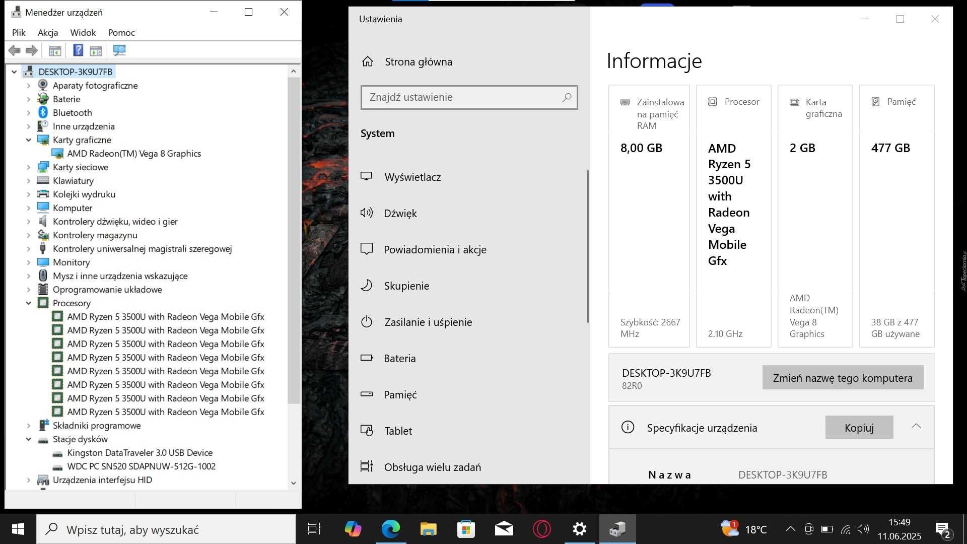 MOCNY Lenovo IdeaPad1 Ryzen 5 3500/8GbDDR4/512SSD m.2/BateriaOK