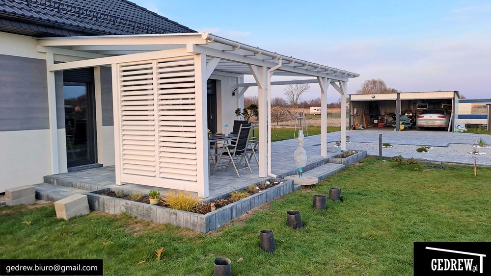 Zadaszenie tarasu pergola przyścienna żaluzje ruchome 7,5x4,4m