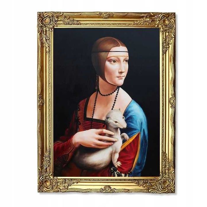 Obraz malowany L. DA VINCI DAMA Z GRONOSTAJEM z łasiczką rama złota