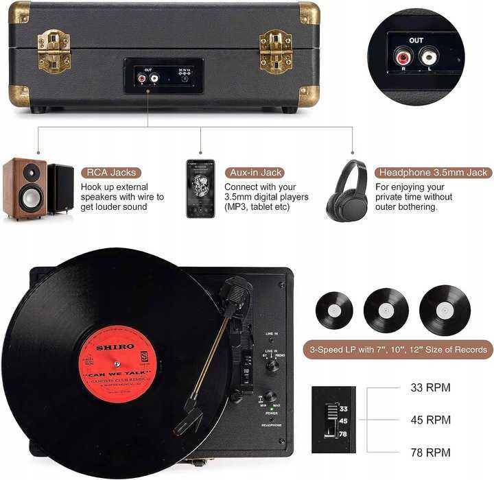 Gramofon Retrolife 3-biegowy, 33/45/78 wbudowane glosniki, bluetooth