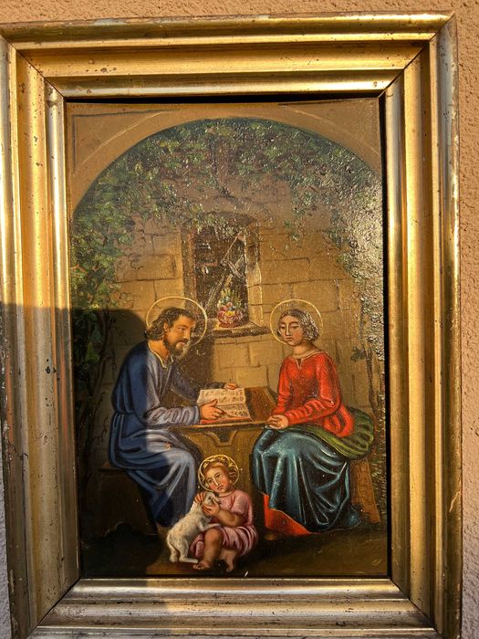 Piękny stary obraz -Swięta Rodzina , olej na blasze, złota rama, XIXw.