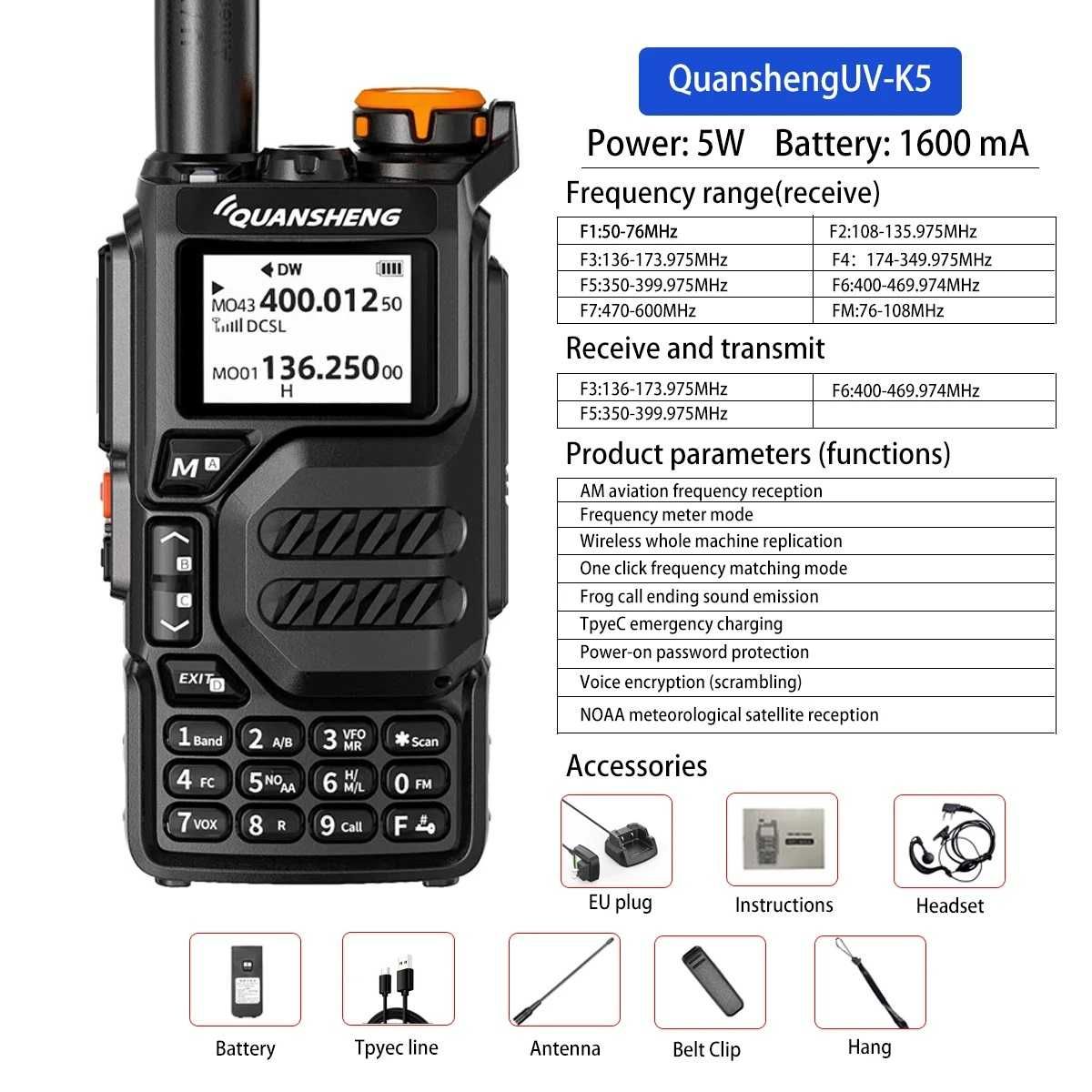 Walkie Talkie Scanner 50-600mhz AM FM Quansheng UV-K5 200CH