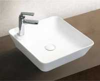 Umywalka łazienkowa nablatowa kwadratowa ceramiczna w białym połysku