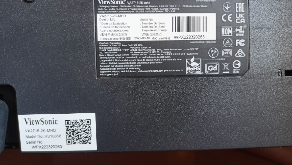Монітор ViewSonic VA2715-2K-MHD, 27", пошкоджена матриця