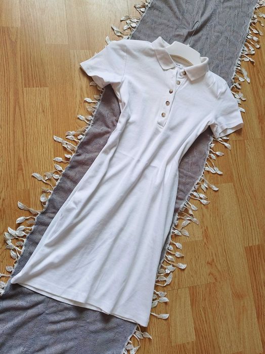 M - Biała Sukienka Polo Prążek Krótki Rękaw Kołnierzyk Przylegająca