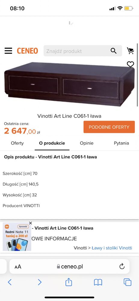 Ława Vinotti Art line solidny, drewniany mebel