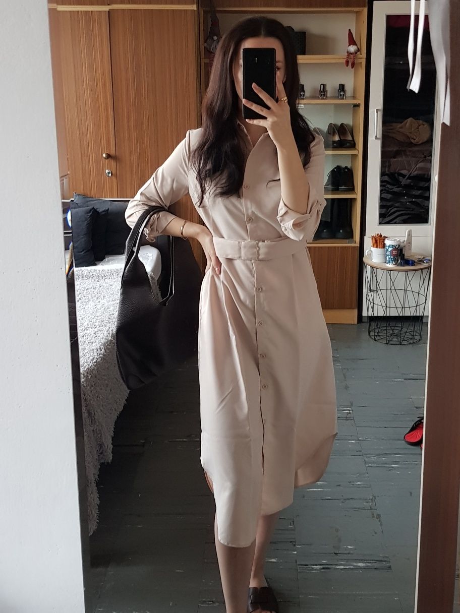Beżowa sukienka kremowa shein koszulowa basic z paskiem długie rękawy