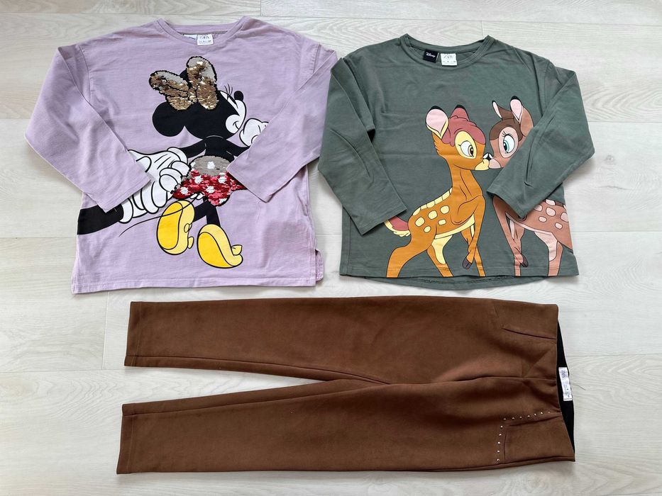 zestaw 3 szt 2 bluzki Minnie Bambi Disney +legginsy jak zamsz ZARA 134