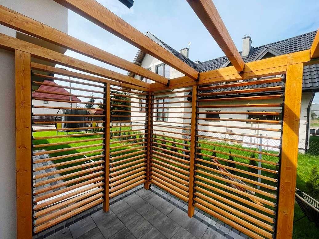 Pergola z drewna klejonego BSH, zadaszenie tarasu, poliwęglan