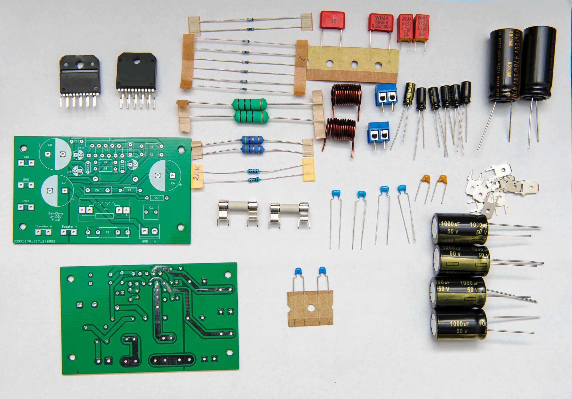 LM3886, GainClone, DIY, PCB z elementami do samodzielnego montażu.