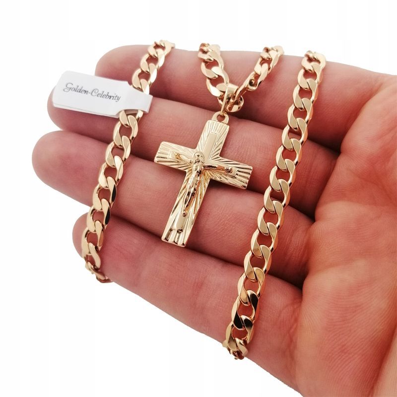 Złoty Łańcuszek Męski Z Krzyżykiem Szeroki 60 Cm Stal Chirurgiczna Pre