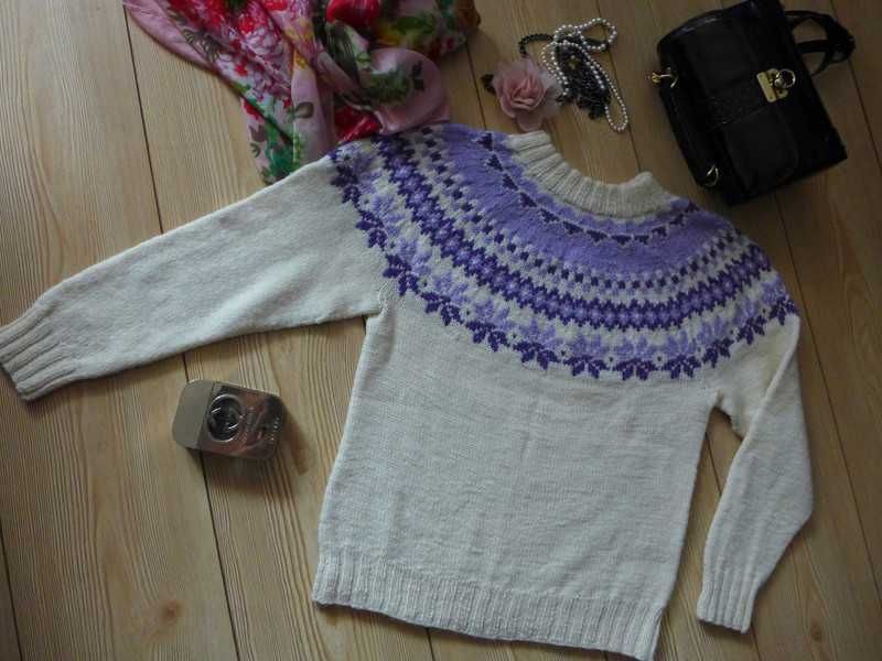 Żakardowy wzór islandzki Fair Isle SWETER handmade XS 34 lopapeysa