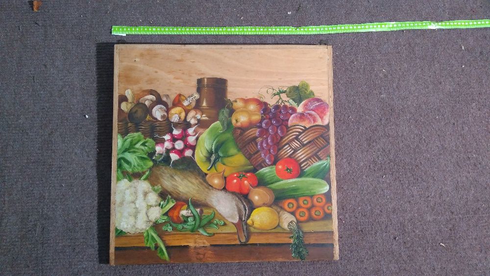 Obraz , owoce , olej , deska ( stolnica ) , cena 350 zł.