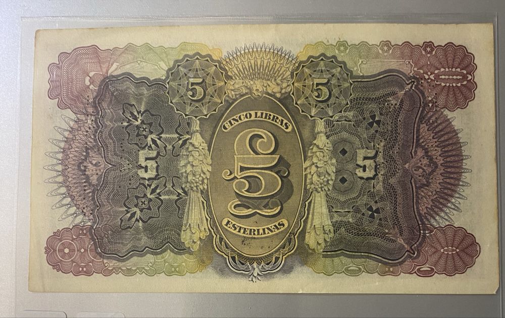 Nota MOCAMBIQUE 5 Libras 1934 carimbo PAGO