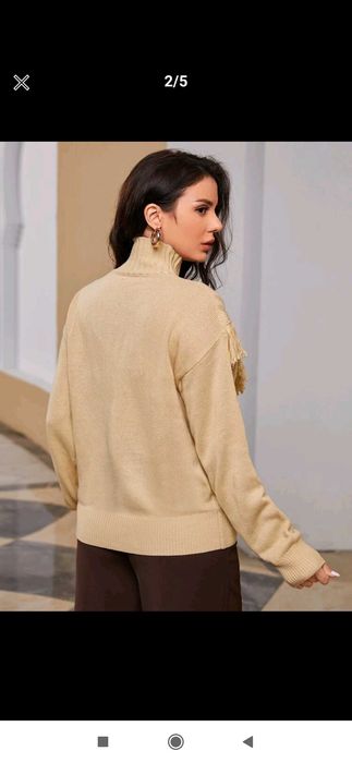 Nowy sweter damski Boho beżowy oversize z frędzlami ciepły 36 golf