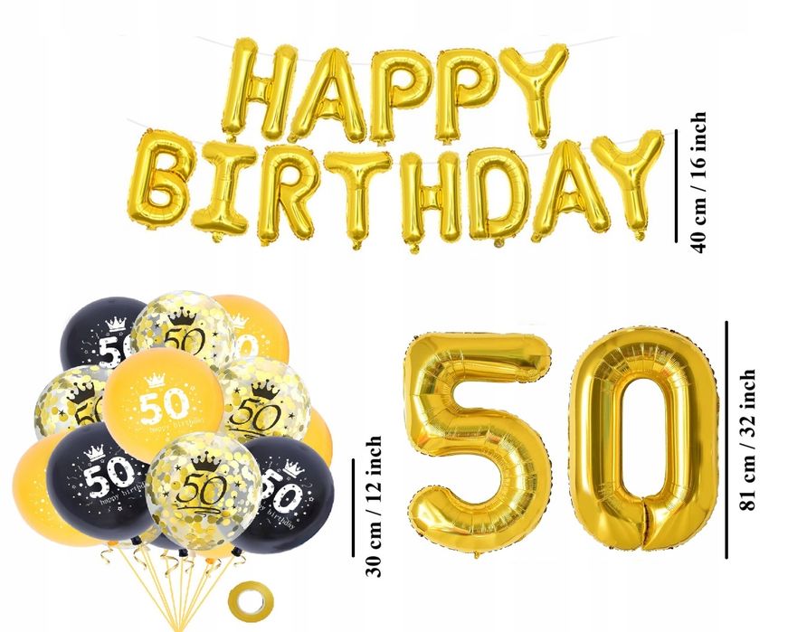 Oro Party zestaw czarno-złotych balonowych dekoracji na 50 urodziny