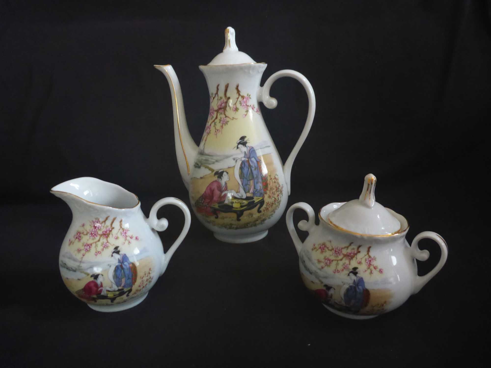 Spal Bule de café, leiteira e açucareiro decoração com gueixa Japão