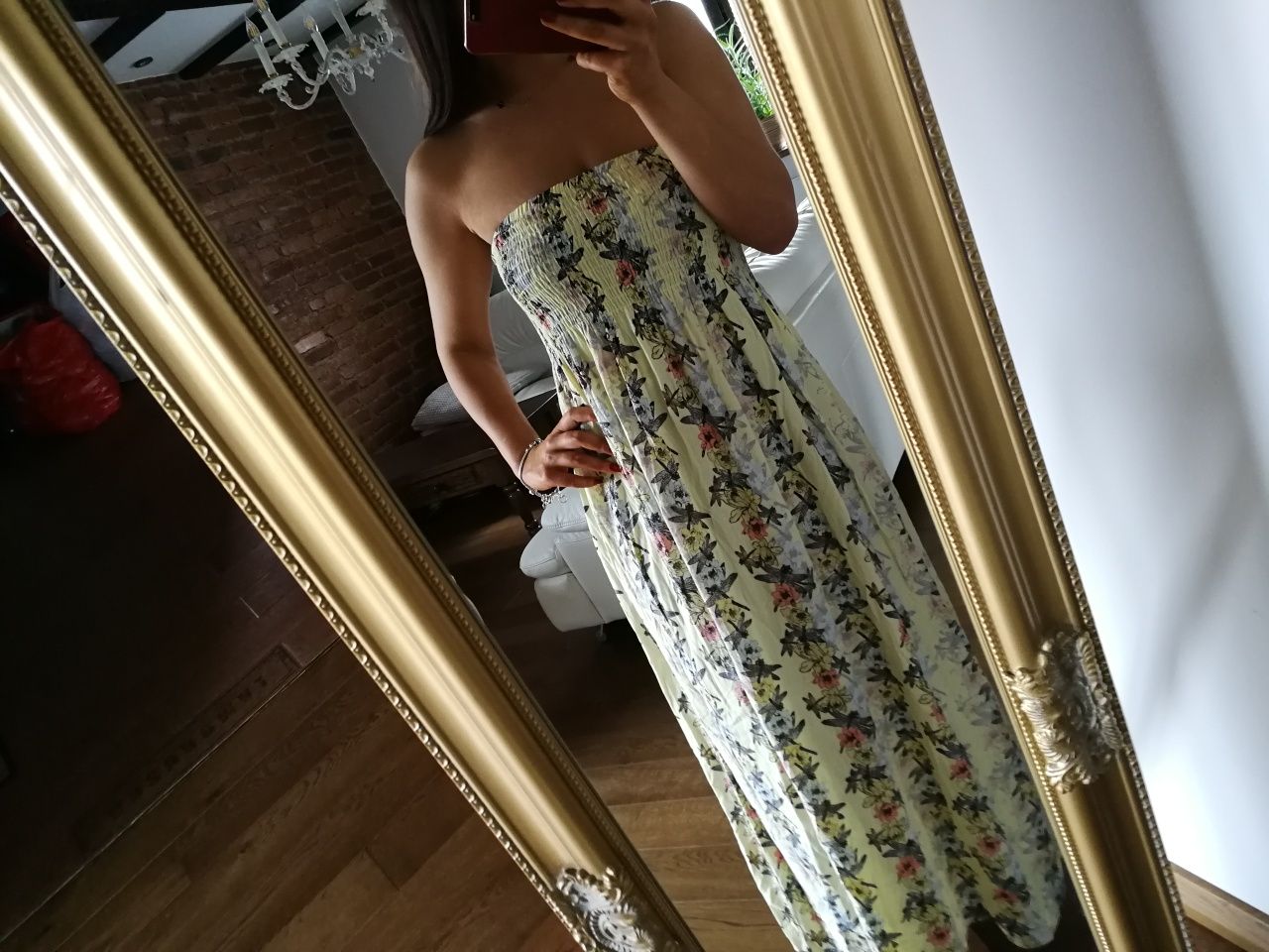 Długa żółta sukienka w kwiatki r. M, sukienka maxi bez ramiączek M&S