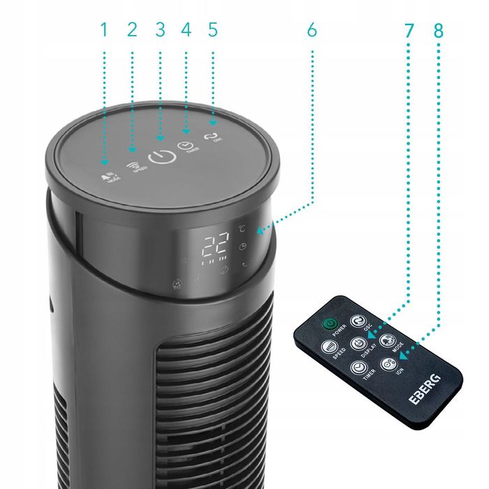 wentylator kolumnowy cichy eberg fyn stojący wiatrak xxl+wifi+aroma
