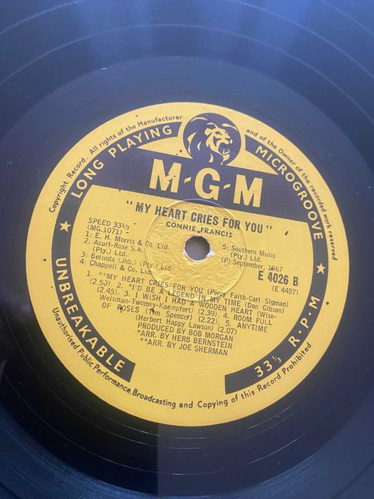 Álbum em vinil: Connie Francis - "My heart cries for you", 1967