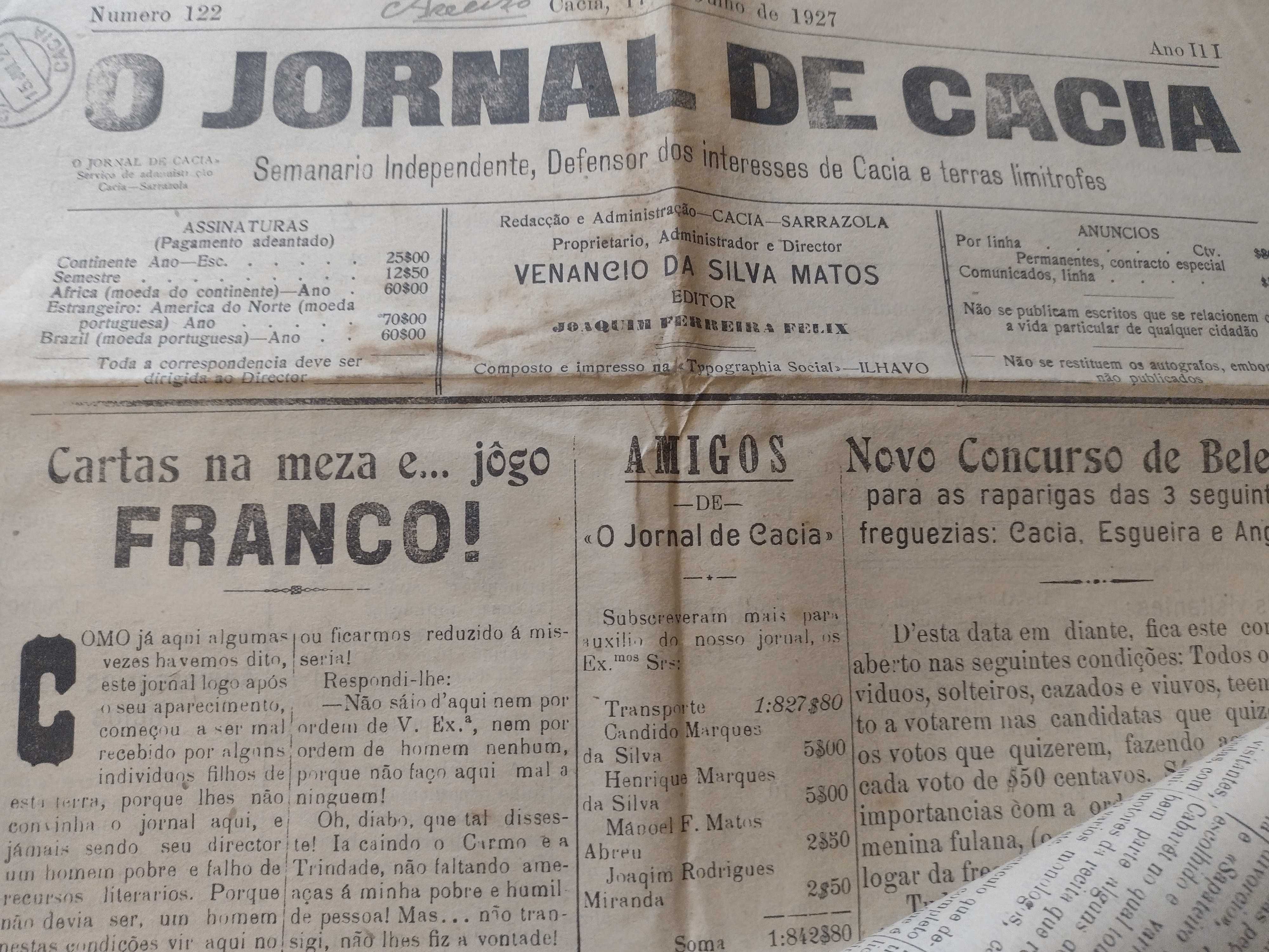 Jornais antigos 1927/28, Ílhavo, Albergaria, Cacia e Pardilhó