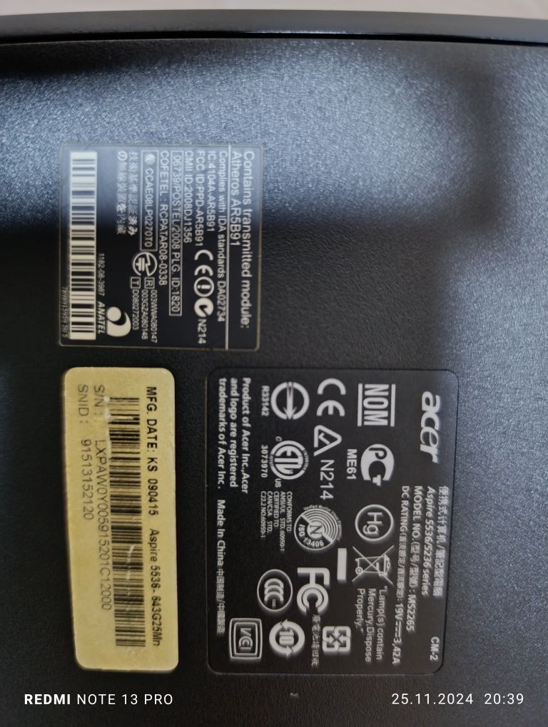 Ноутбук Acer ASPIRE 5536(MS2265)-AMD Athlon x2 3Gb-DDR2
DVD-RW-ATI Rad