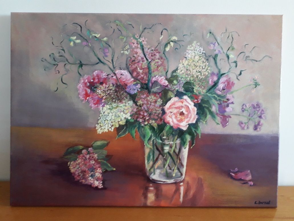 Obraz olejny ,,Hortensje, róże i groszki"