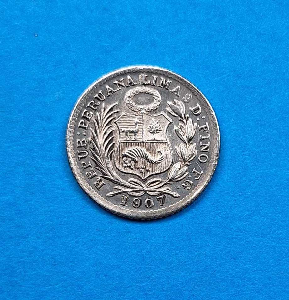 Peru 1/2 dinero rok 1907, bardzo dobry stan, srebro 0,900