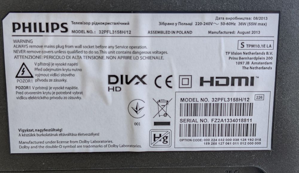 Telewizor Philips 32PFL3158H/12 + tuner WIWA dvbt2 HEVC