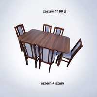 Nowe-OD RĘKI:  Stół 80x140/180 + 6 krzeseł, orzech + szary