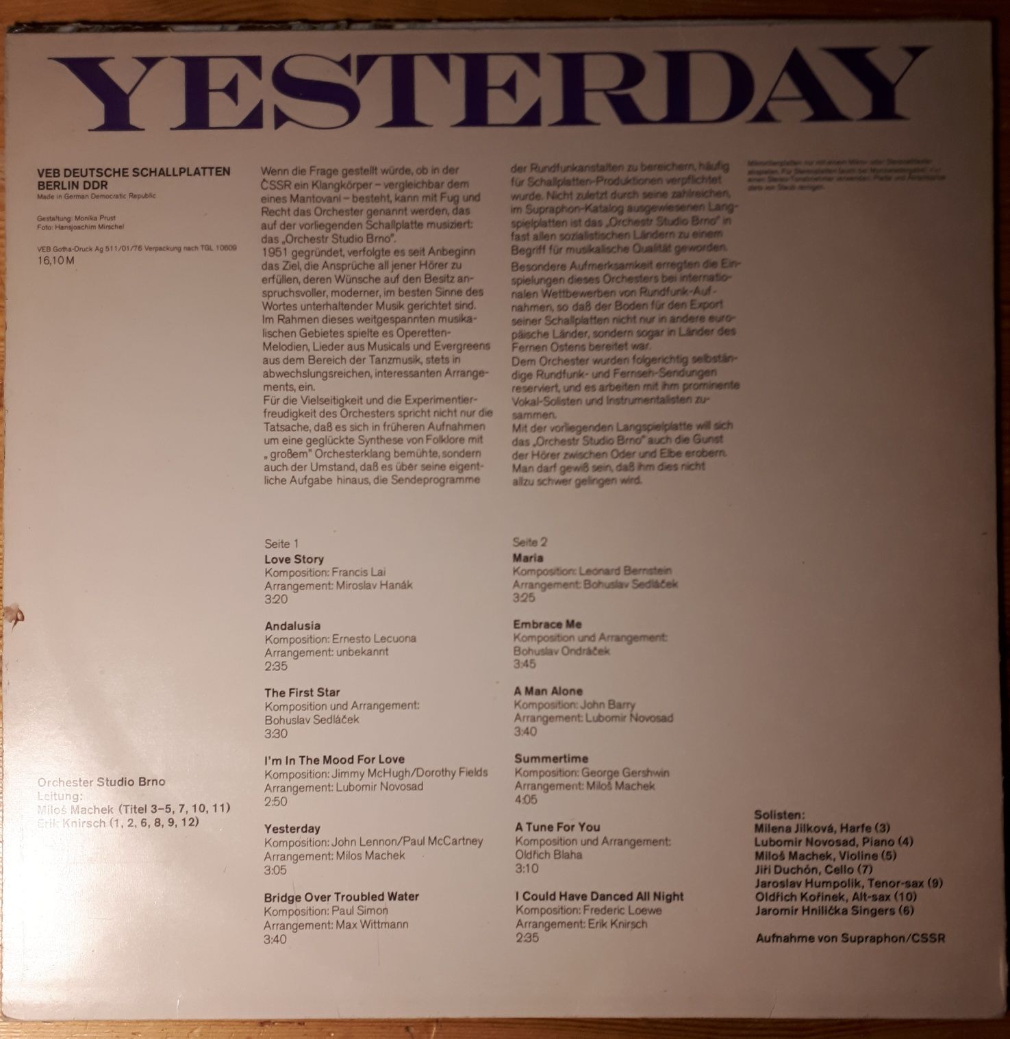 Płyta winyłowa - Orchester Studio Brno – Yesterday, LP, Stereo, EX+/EX