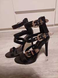 Buty na obcasie szpilki z klamrami czarne emo metal goth punk 38