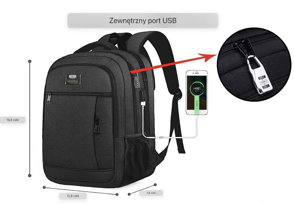 plecaki torba z portem ładowania USB, trwały wodoodporny