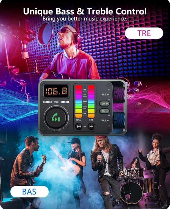 Nadajnik samochodowy Bluetooth 5,3 FM, odtwarzacz Hi-FI Treble & Bass