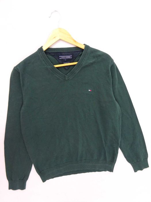 BY46 Elegancki sweter męski Tommy Hilfiger bawełna serek zielony S