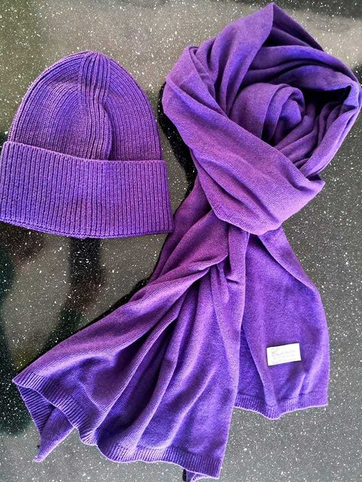Fioletowy komplet kaszmirowy czapka i szalik cashmere