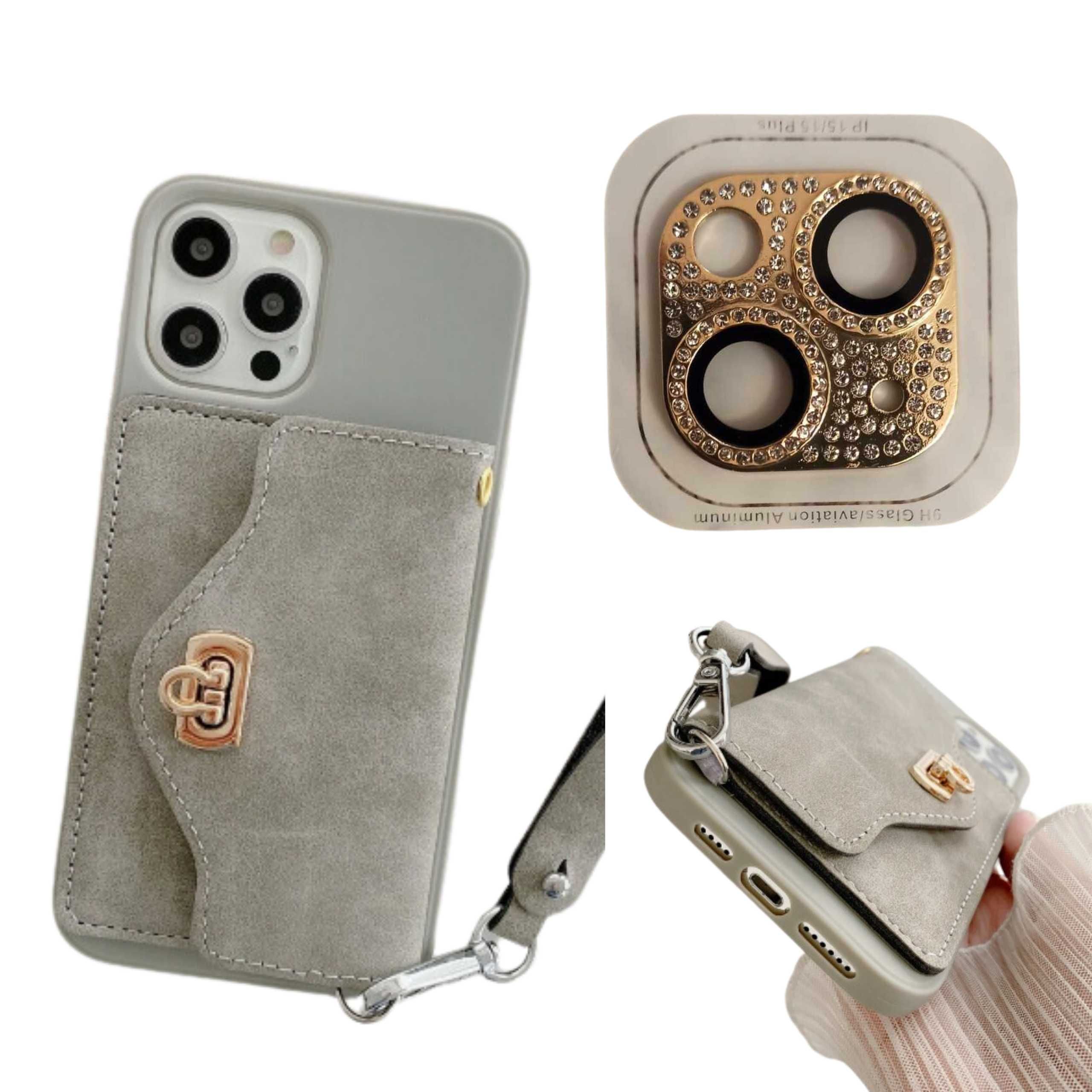 Zestaw Etui na telefon-portfel ze smyczą iPhonem 15/15Pro + szkło