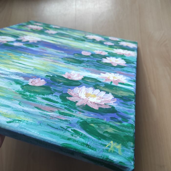 Obraz na płótnie 40 x 50cm, ręcznie malowany lilje wodne, kwiaty ma wo