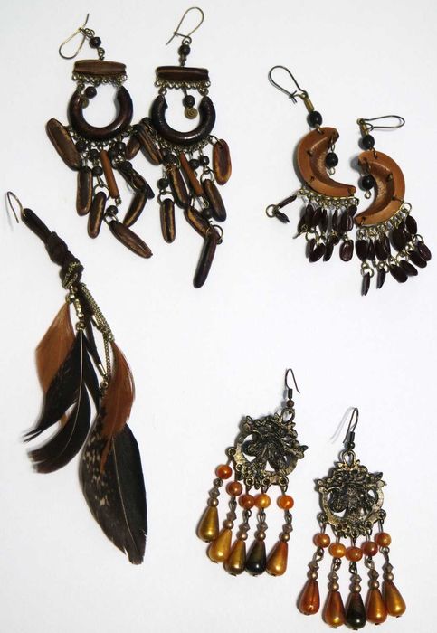 Zestaw kolczyków boho hippie vintage retro drewno pióra