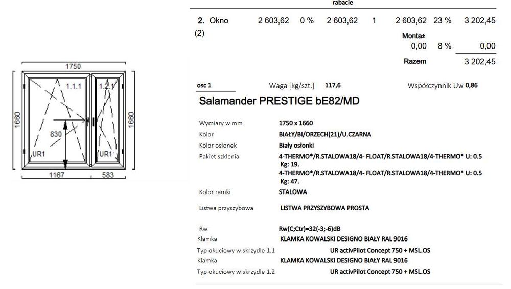 Okno 1750 x 1660 biały/orzech 3 szyby #OK344,#OK345