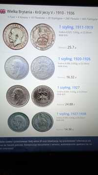 Moneta, monety,one shilling, 1911/27, srebro
